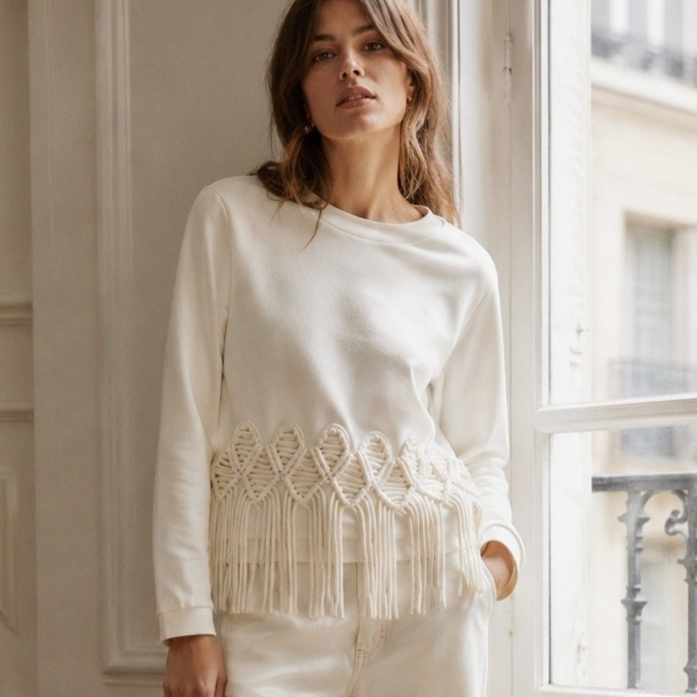 Tibi Cream Macrame Fringe Crochet Crewneck Sweatshirt Long Sleeve‎ Size Small